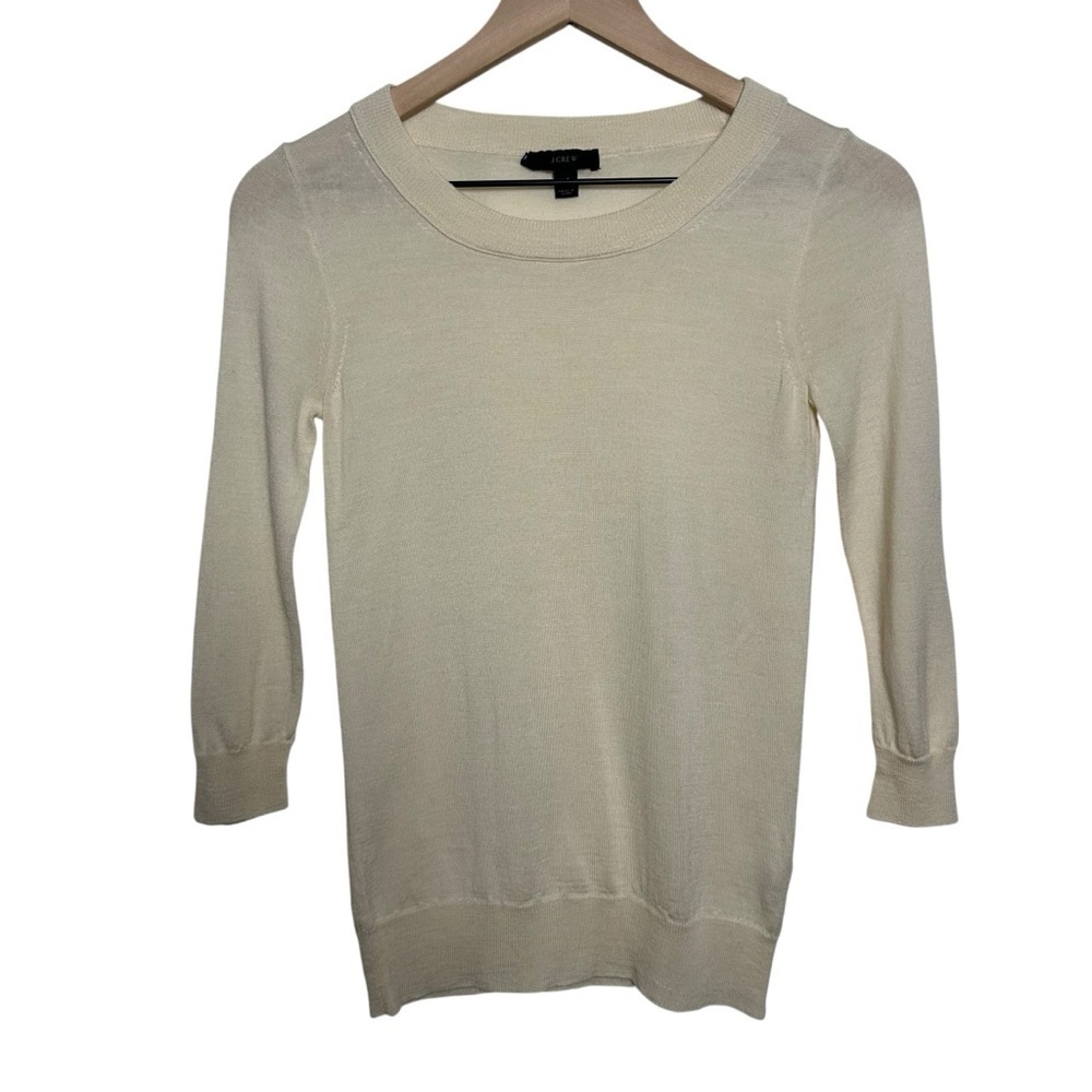 J CREW Sweater Women 3/4 Sleeve 100% Merino Wool Knit Cream Sz XXS Minimalist